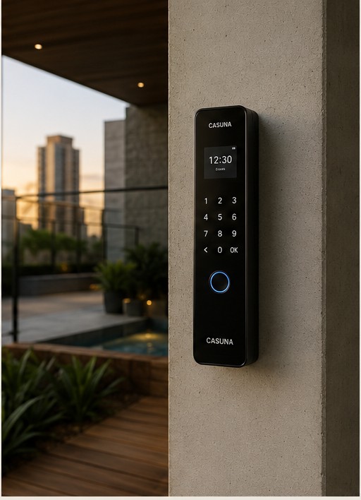 Casuna Pro instalada em parede de concreto, terraço com piscina e skyline ao fundo